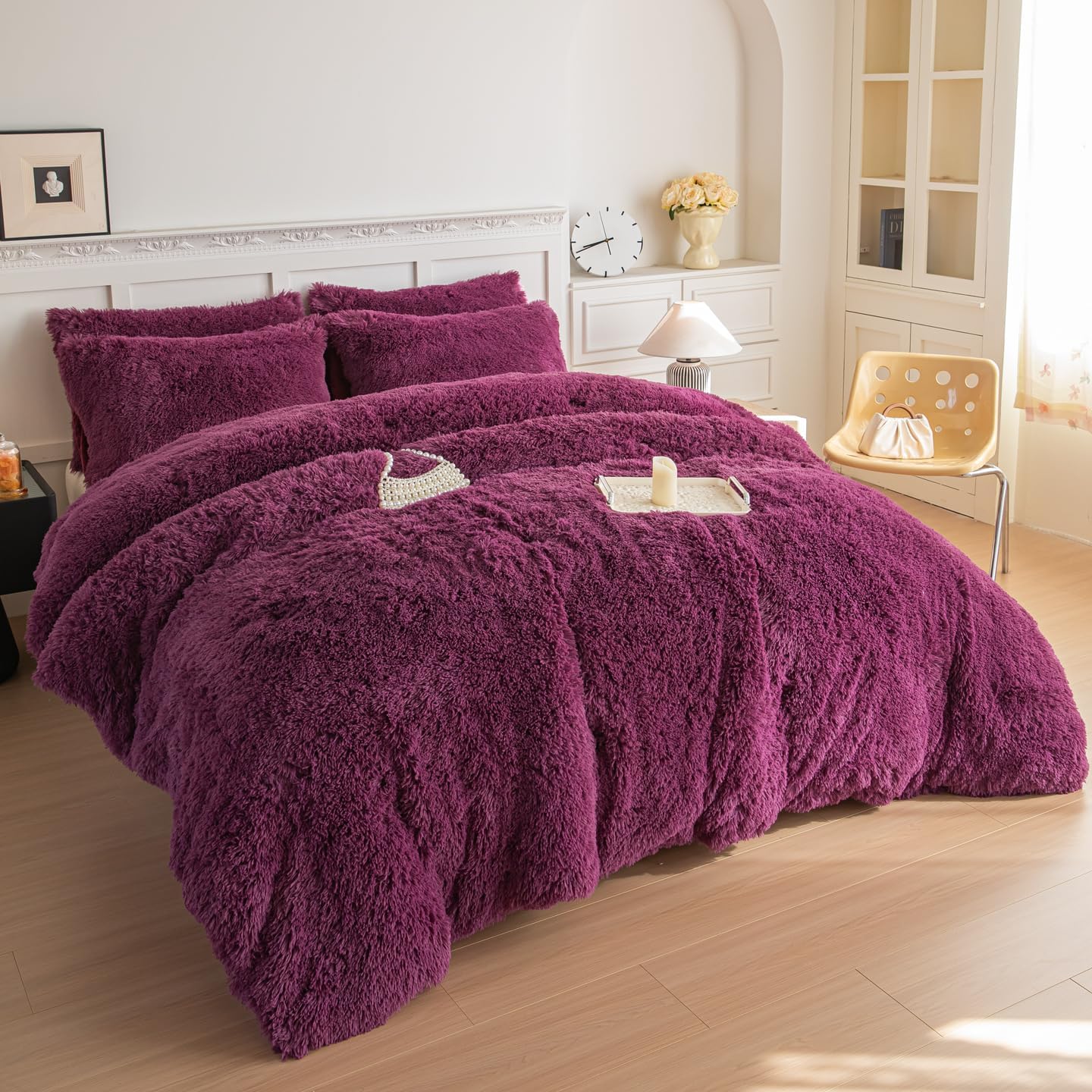 Kids Girls Faux Fur Grape Purple Comforter Sets Twin/Full - 3PC Bed Set Skin Friendly Soft Warm Comfortable Classical Rabbit Plush Velvet Flannel Fluffy Fuzzy Bedding（Comforter x 1 Pillowcases x 2）