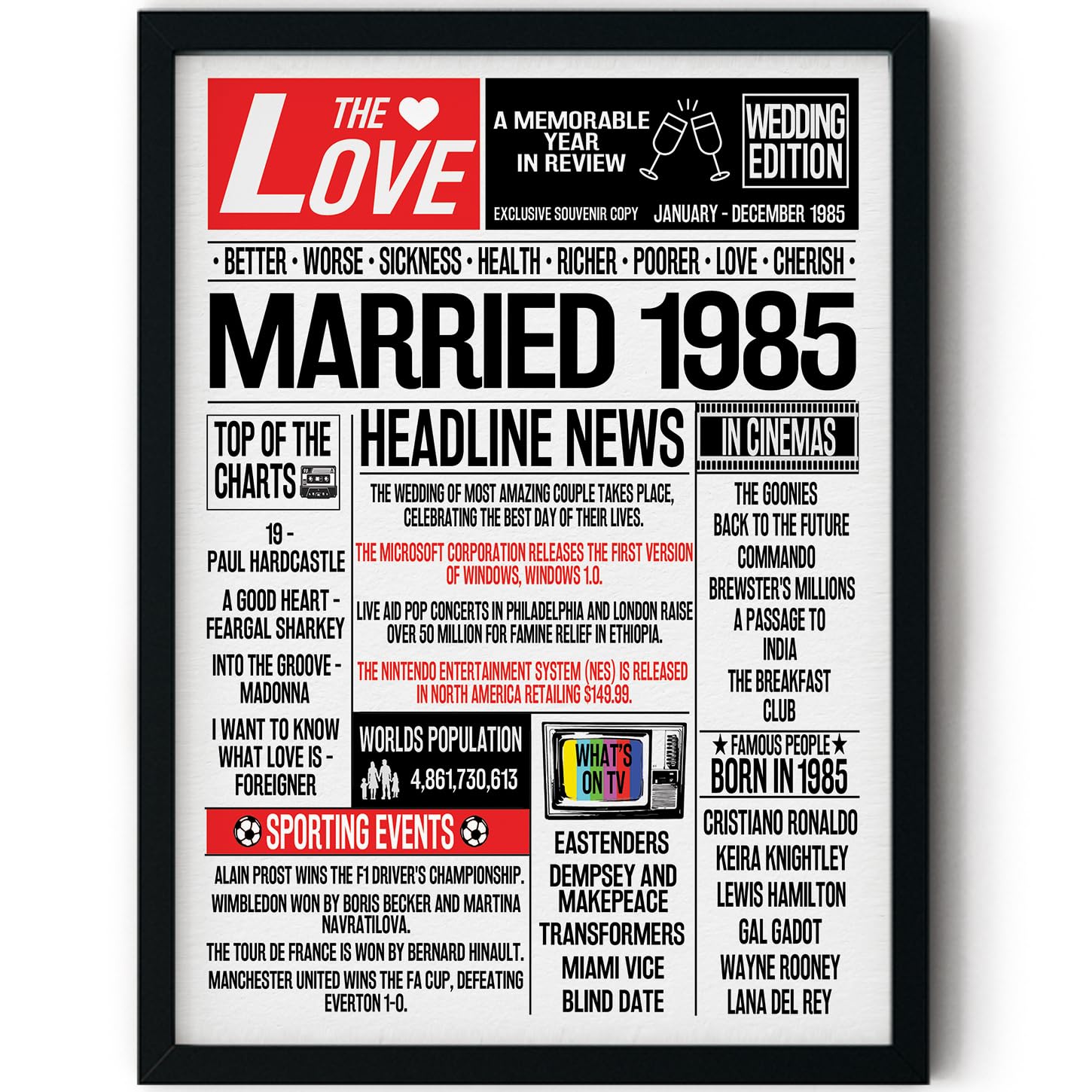 Stuff4 Men's 1985 41St Anniversary Poster Framed - Married In Newspaper - Happy 41St Wedding Anniversary For Wo Vintage Gifts Retro Back In 8X10 Inch Anniversaries Posters