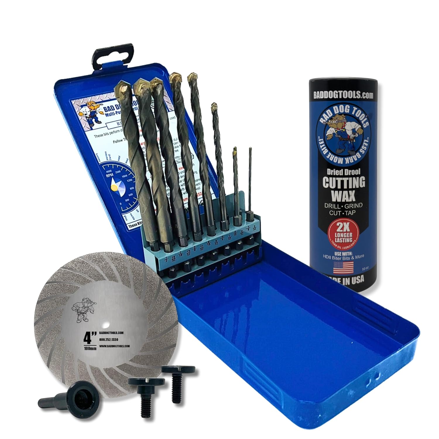 Bad Dog Multipurpose Drill Bits (14 Piece) Full Package: Includes 14 Piece Drill Bits, Diamond Sharpener Wheel (with arbors), & Dried Drool Wax