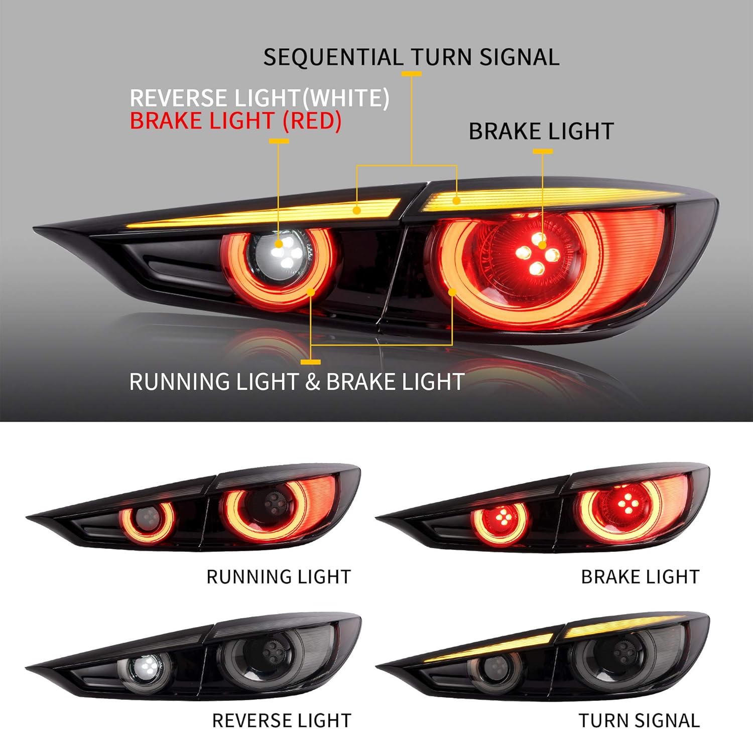 VLAND LED Sequential Tail Lights Compatible for Mazda 3 Axela 2014-2018, Reverse Running Brake LED Rear Lamp assembly, Smoked Lens, Not For Hatchback