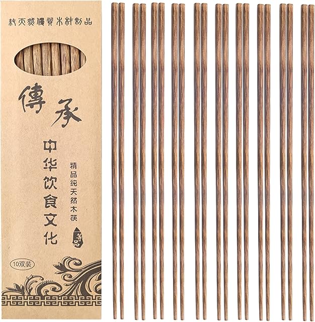 DXIA Chopsticks Wood 10 Pairs,Handmade Chopsticks Reusable Natural Wooden Chopstick with Box,Chopstick Cooking,Chopsticks Washable for Dishwasher 9.8 Inch Wood Chopsticks Chinese Tableware Set