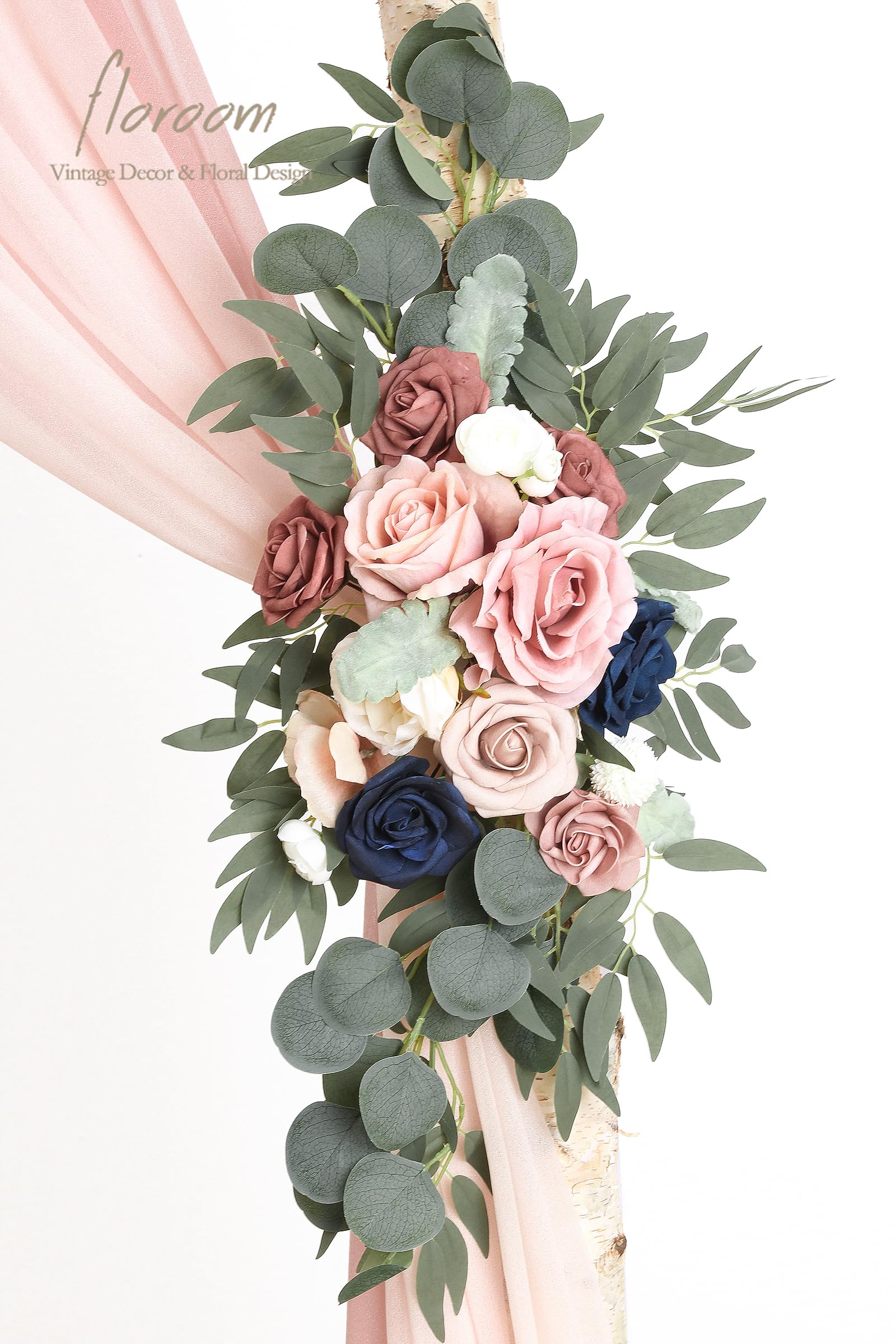 Floroom Arch Flowers with Drapes Kit (Pack of 4) - 2pcs Artificial Dusty Rose & Navy Blue Floral Swag Arrangement with 2pcs Draping Fabric for Wedding Ceremony Arbor and Reception Backdrop Decoration