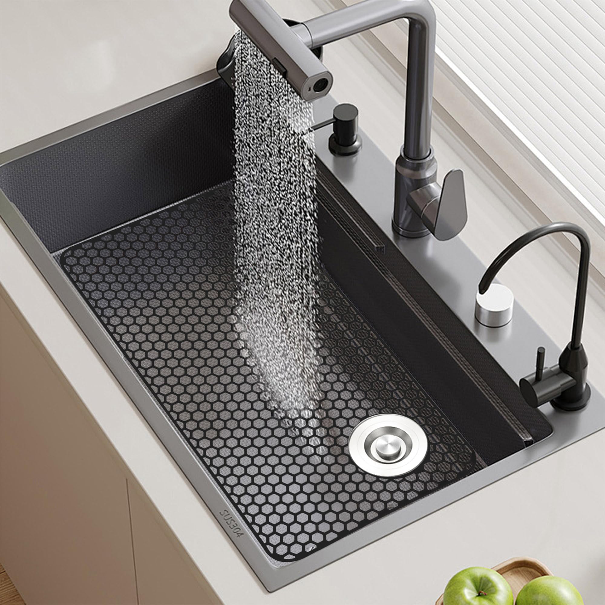 Tappetino in silicone per lavello, 72 x 37,4 cm, resistente al calore, tappetino scolapiatti per cucina, fondo in porcellana e acciaio inossidabile, accessorio da cucina, scarico destro e