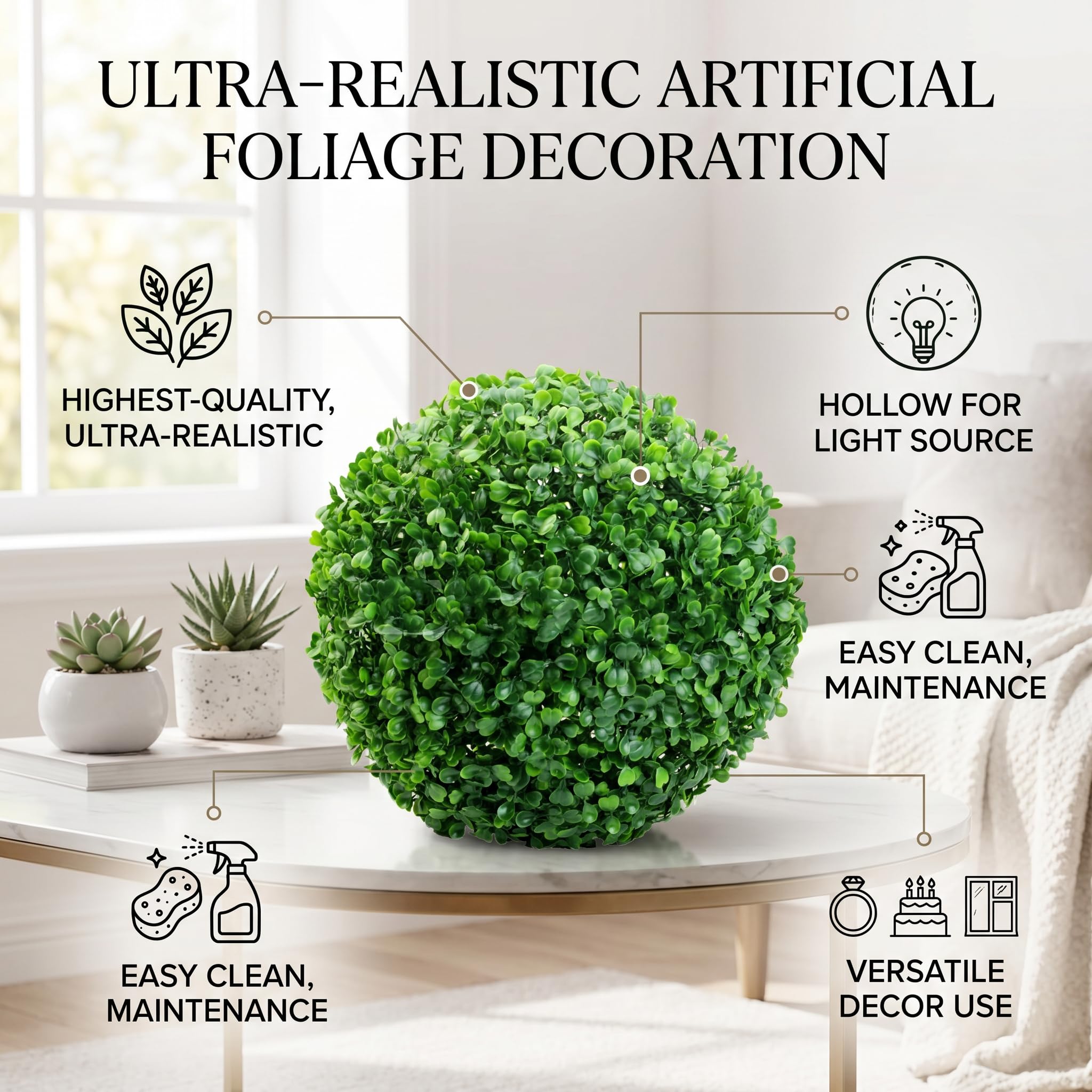 Greensen Palline di Bosso Artificiali per Giardino, Balcone e Interni – Palle Decorative Verdi in Plastica Realistiche a Forma di Foglie di Bosso, Ideali per Feste, Casa e Ufficio (40 cm)
