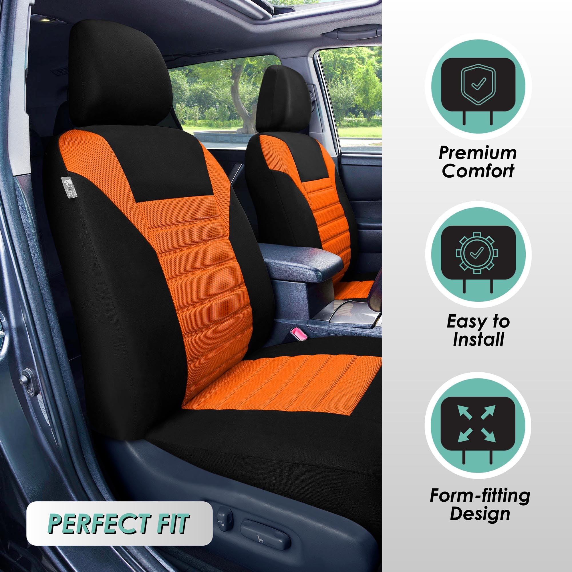 FH Group Automotive Car Seat Covers Full Set Premium 3D Air Mesh Orange and Black Seat Covers, Airbag Compatible and Split Bench Cover Universal Fit Interior Accessories for Cars Trucks and SUVs