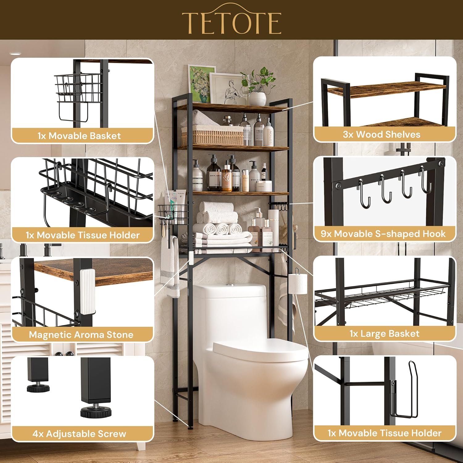 TETOTE Over Toilet Bathroom Organizer, 4-Tier Bathroom Over The Toilet Storage with Adjustable Shelf and Basket, Freestanding Space Saver Bathroom Shelves Above Toilet for Room(Brown)