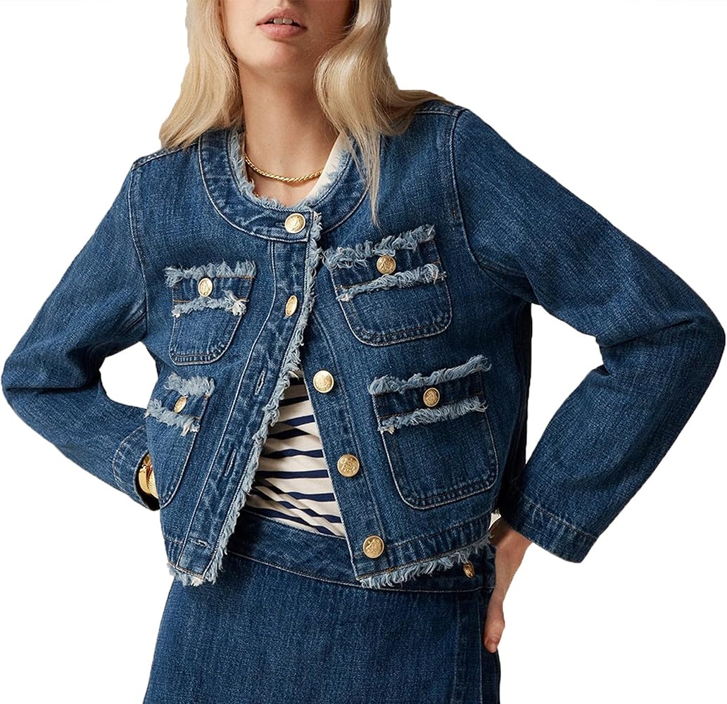 Ladyful Denim Jacket for Women Cropped Frayed Collarless Button