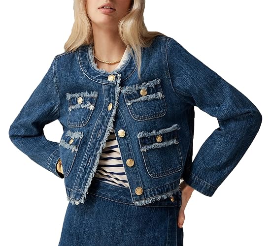 Ladyful Denim Jacket for Women Cropped Frayed Collarless Button Down Long Sleeve Jean Jacket Coat with Pockets