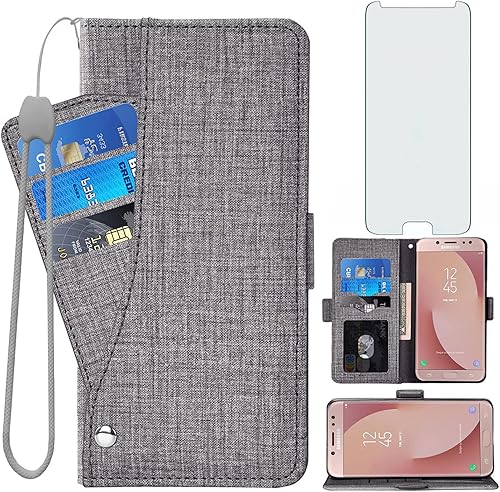 Asuwish Compatible con Samsung Galaxy J7 Pro J730G - Funda tipo cartera, protector de pantalla de vidrio templado y funda de piel con tapa para