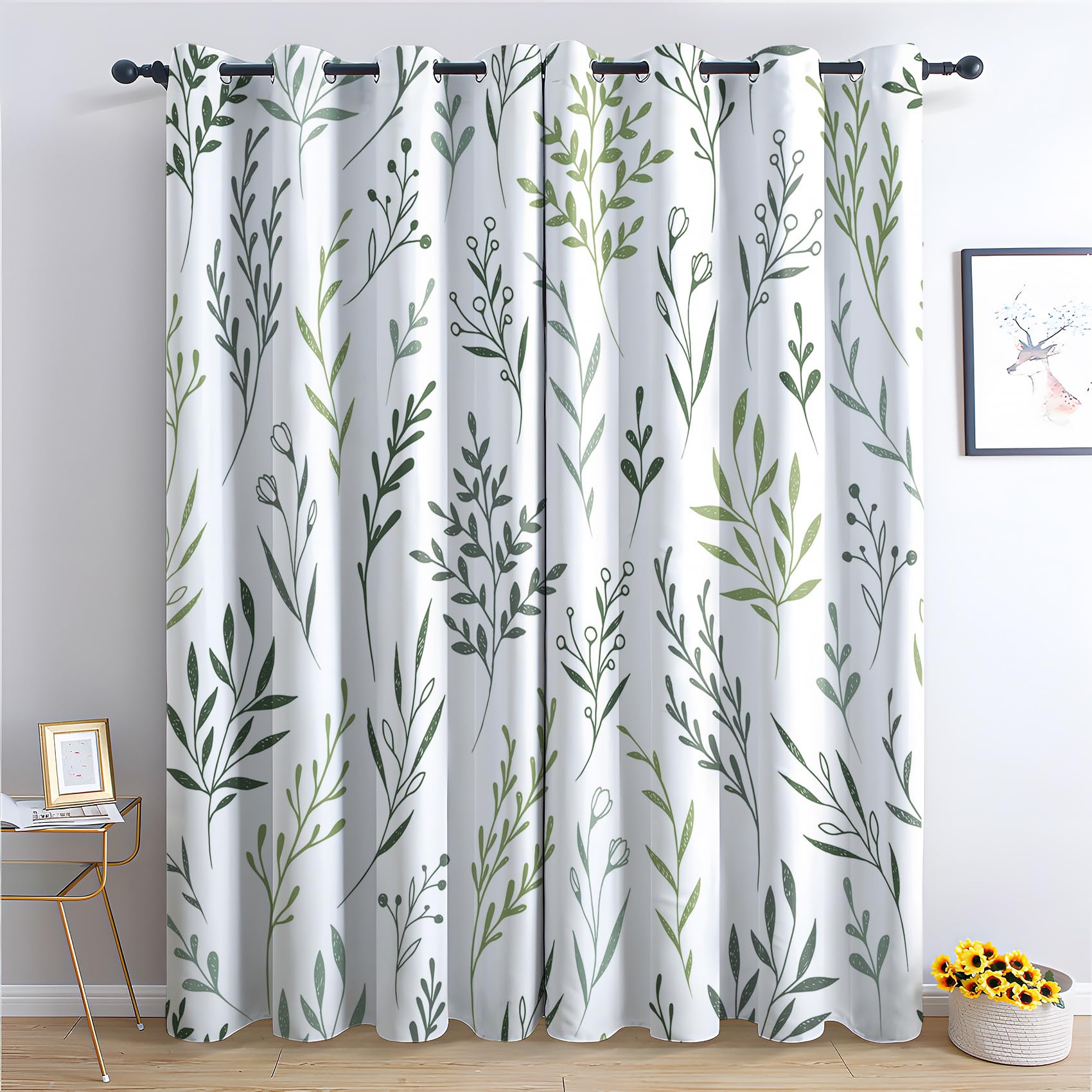 Thyunq Green Leaf Curtains, Blackout Curtains For Bedroom Living Room 84 Drop, Thermal Insulated Eyelet Drapes, Patterned Window Treatments, 52X84 Inch (W X L), 2 Panels