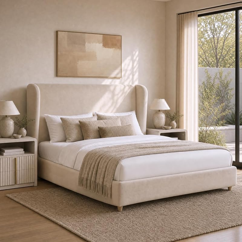 ModernMate Queen Upholstered Platform Bed Frame, Wingback Headboard, Beige image 3
