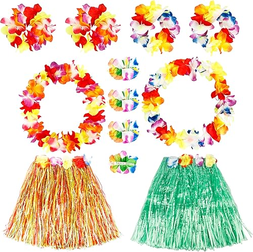 Juego de 14 piezas de falda hawaiana de hierba hula con flores, conjunto de disfraz de flores y clip para el cabello, traje hawaiano para Luau