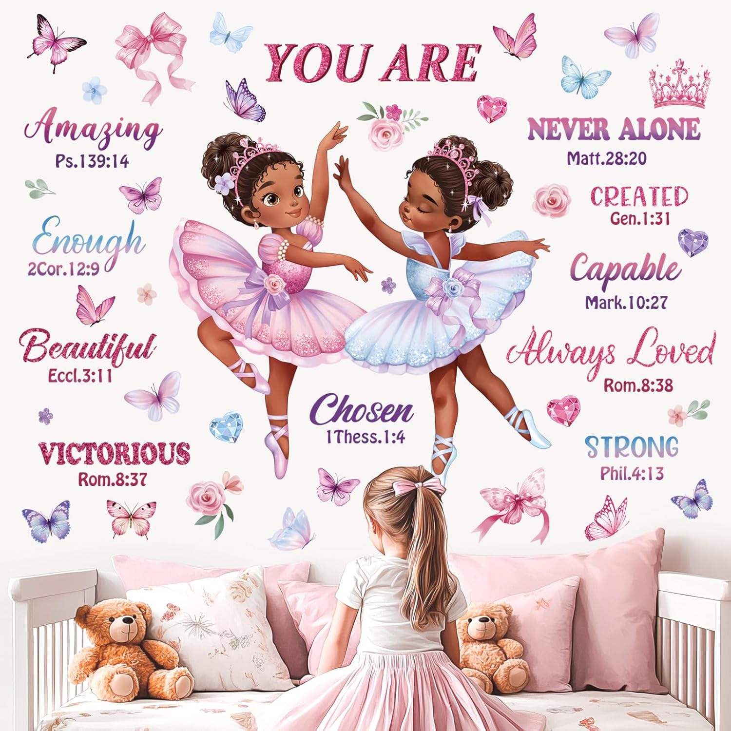 wondever Black Girl Ballerina Wall Stickers Butterflies Inspirational Quotes African American Peel and Stick Wall Art Decals for Girls Bedroom Baby Nursery Kids Bedroom