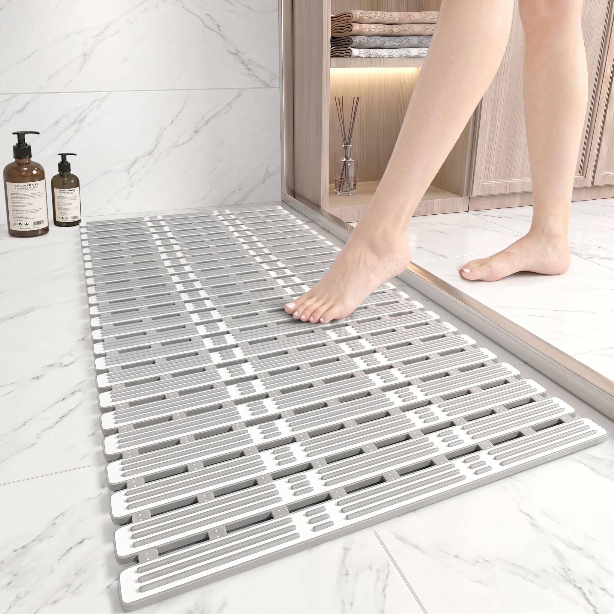 Venuso Shower Mat Non Slip Anti Mould, 90 x 40 cm Bath Mat for Inside Shower and Bath, Quick Drain Mat with Suction Cups, Cut to Size Bathroom Mat