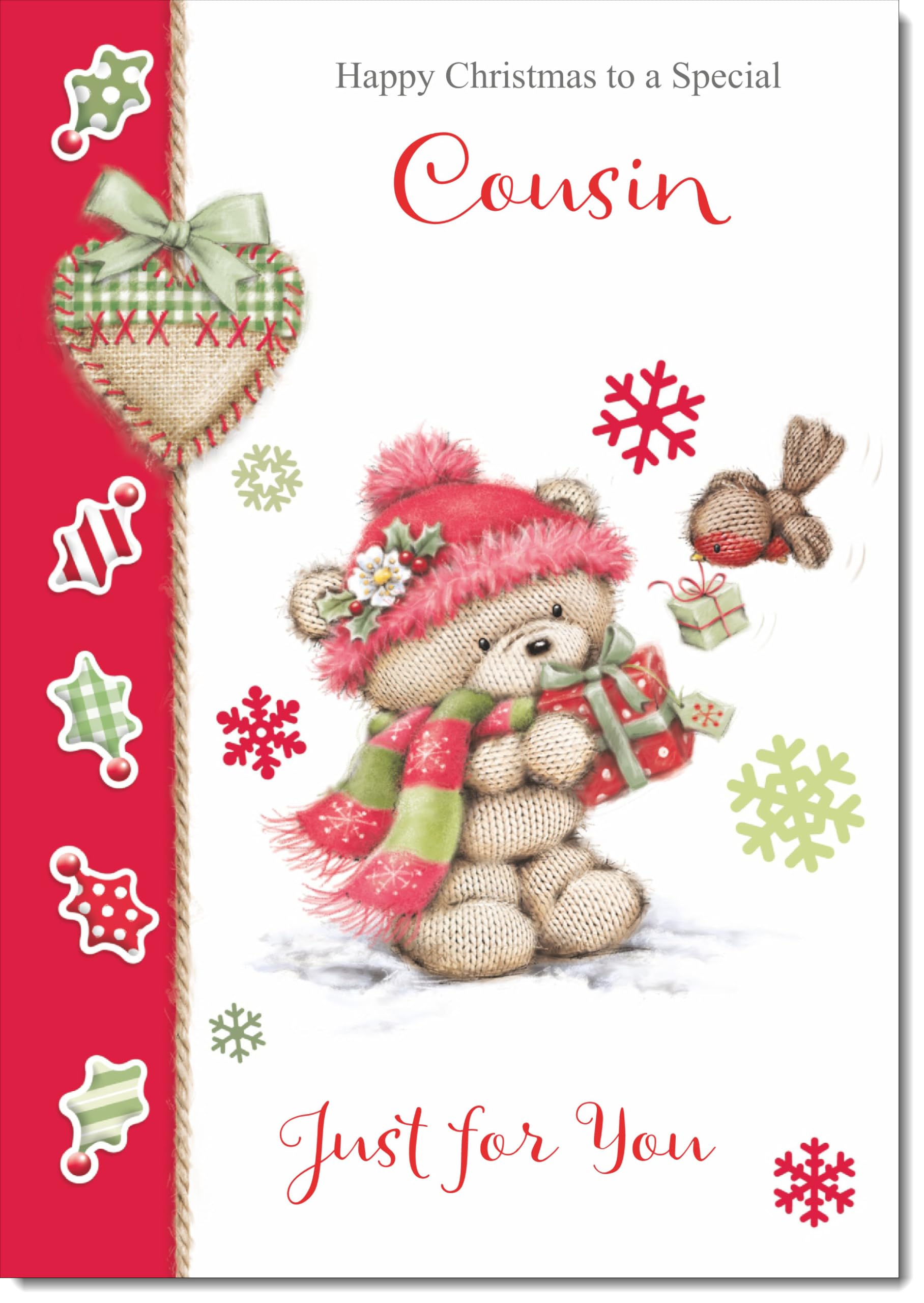 doodlecards Cousin Christmas Card Cute Bear with Red Hat Large A4 Size Christmas Card for Cousin with Plain Envelope