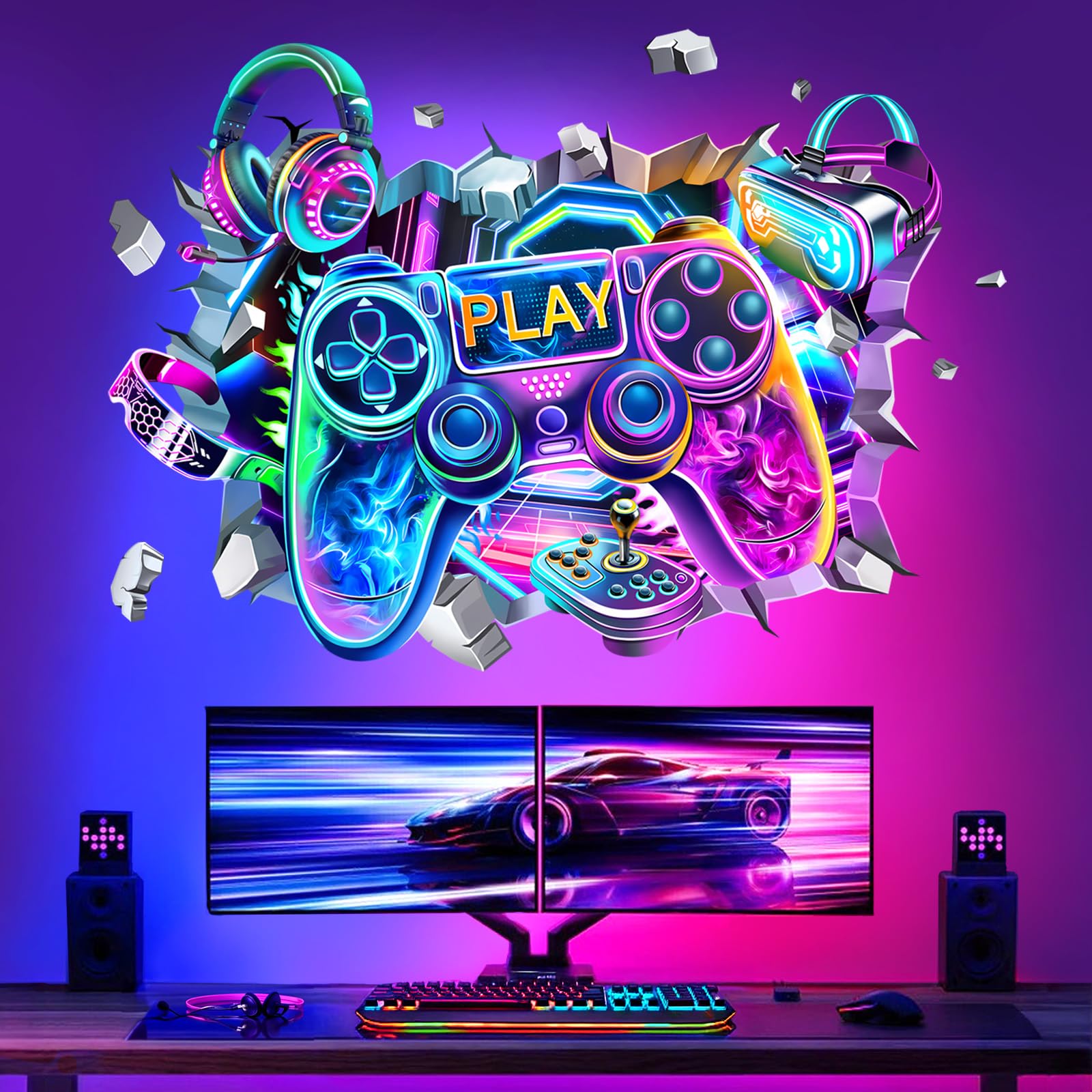 decalmile Large 3D Game Wall Decals Video Gaming Gamer Controller Joystick Wall Stickers Boy Bedroom Teenagers Playroom Wall Decor