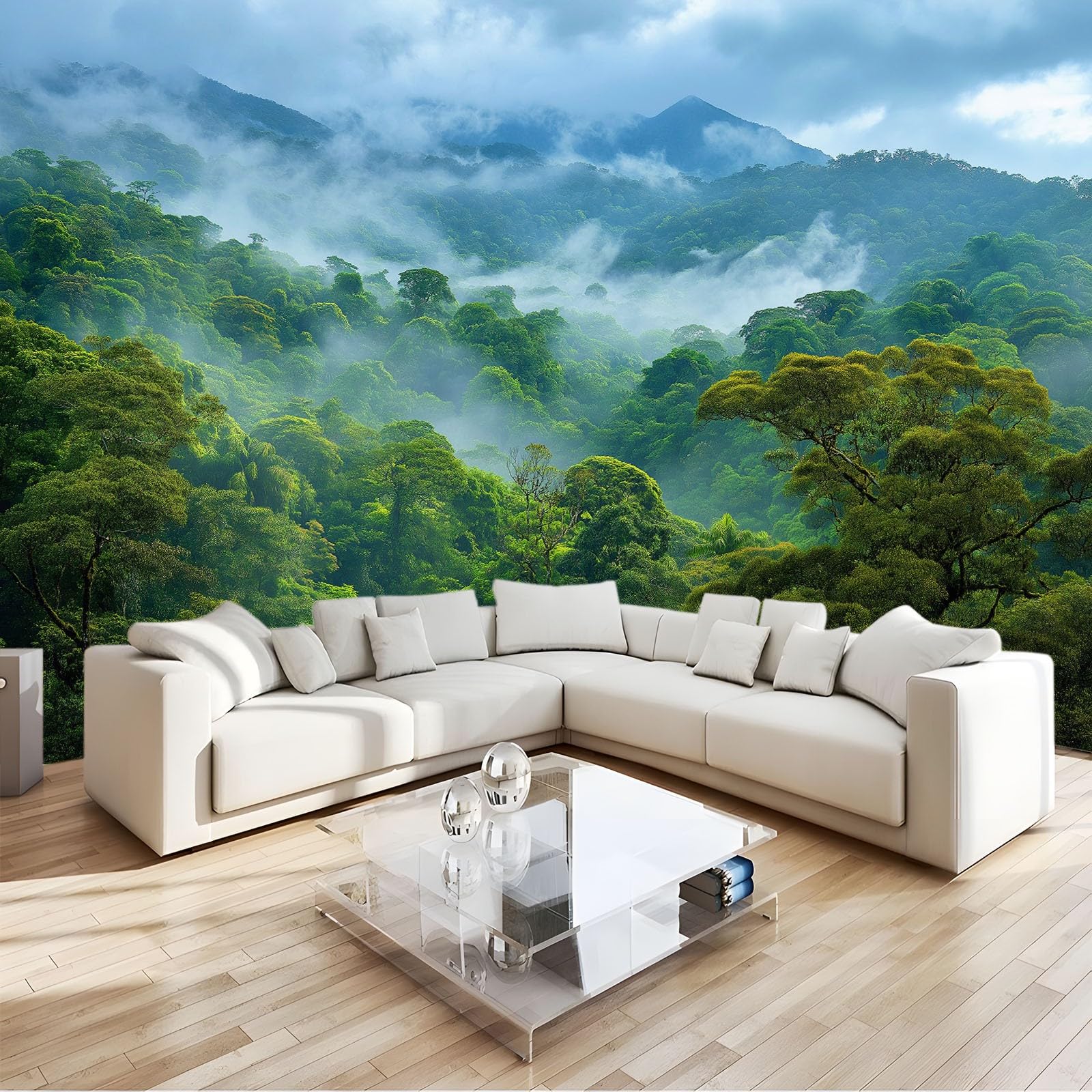 Générique Panoramiczna tapeta natura realistyczna dżungla mgła góry 250 x 175 cm, gobelin ścienny z włókniny szałwiowej 3D, gigantyczny plakat do salonu, sypialni i biura
