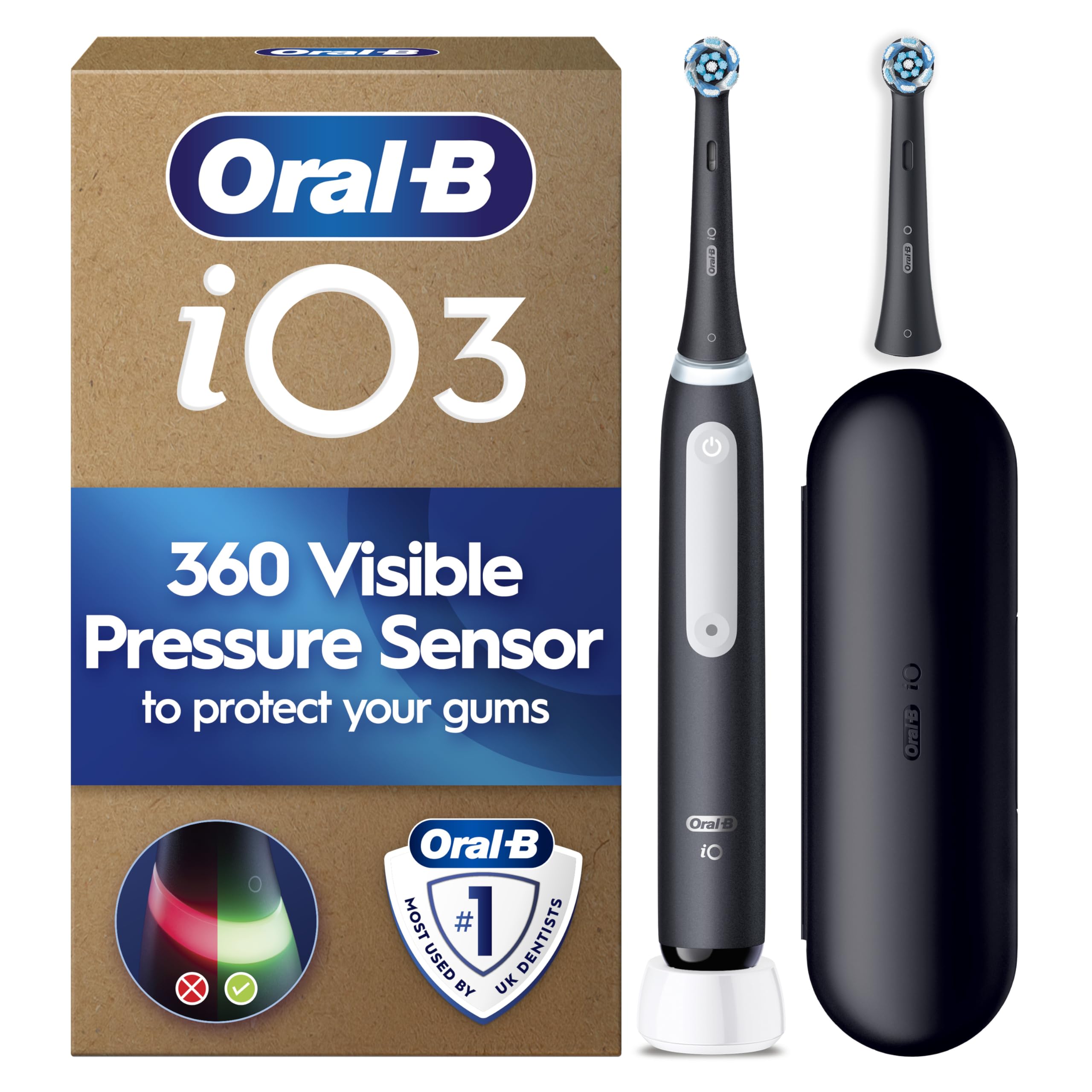 Oral-B iO3 Electric Toothbrush for Adults, Matt Black - Pressure Sensor, with 2 Toothbrush Heads, Long-Lasting Battery with Case for Home and Travel, UK Two Pin Plug