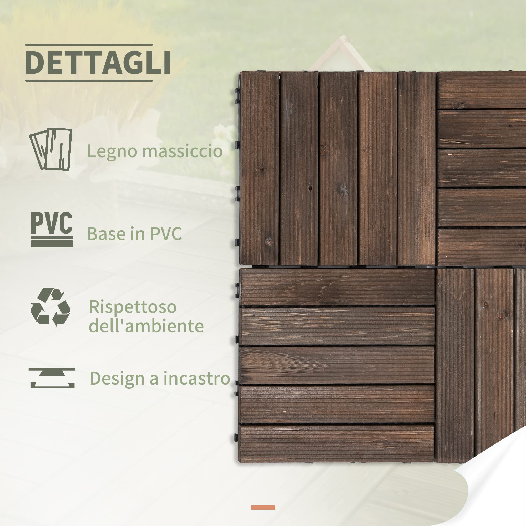 Outsunny Piastrelle per Esterni Pavimento da Giardino in Legno, Set da 27 Pezzi, 2.5m², Montaggio a Incastro, 30x30cm, Nero