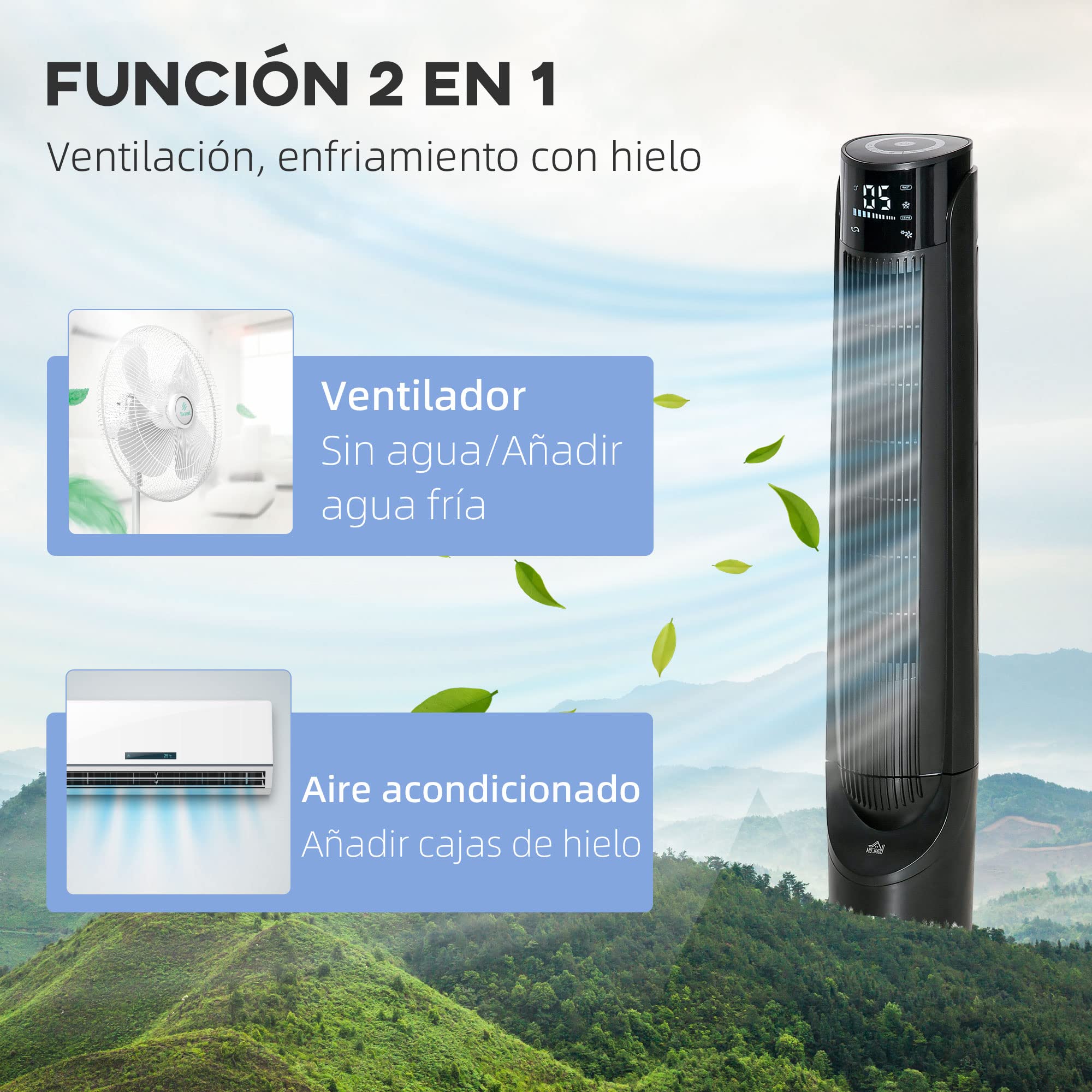 HOMCOM Climatizador Evaporativo 60W Silencioso con Mando a Distancia 3 Velocidades 4 Modos Oscilación 70° Pantalla LED Táctil y Temporizador 12h para Dormitorio Salón 31,5x31,5x107 cm Negro