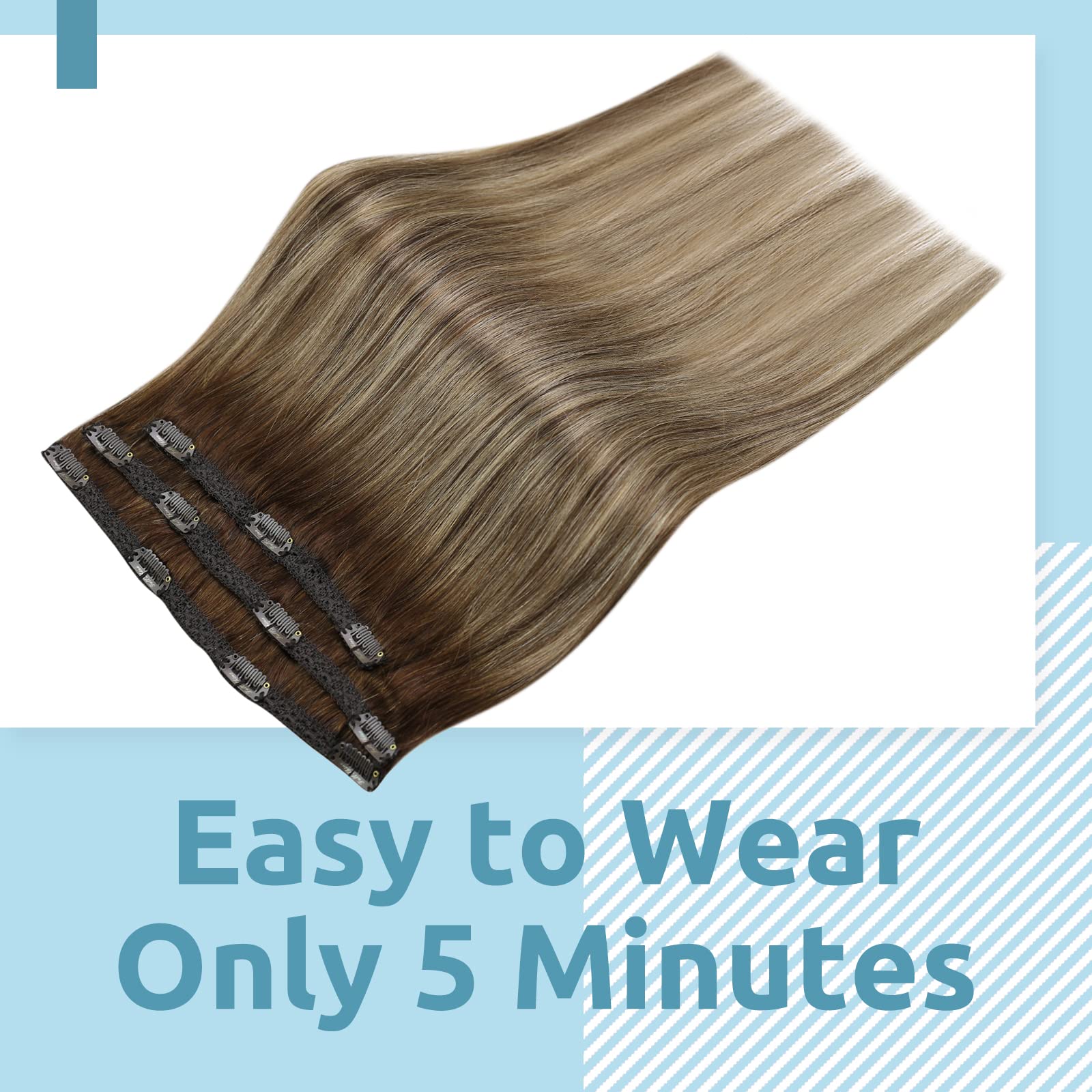 Fshine Extension Clip Capelli Veri 40.6cm 50g 3pcs Clip Estensione Capelli Umani Naturel Balayage Castano Medio Con Biondo Remy Clip Capelli Umani Lisci #4/27/4