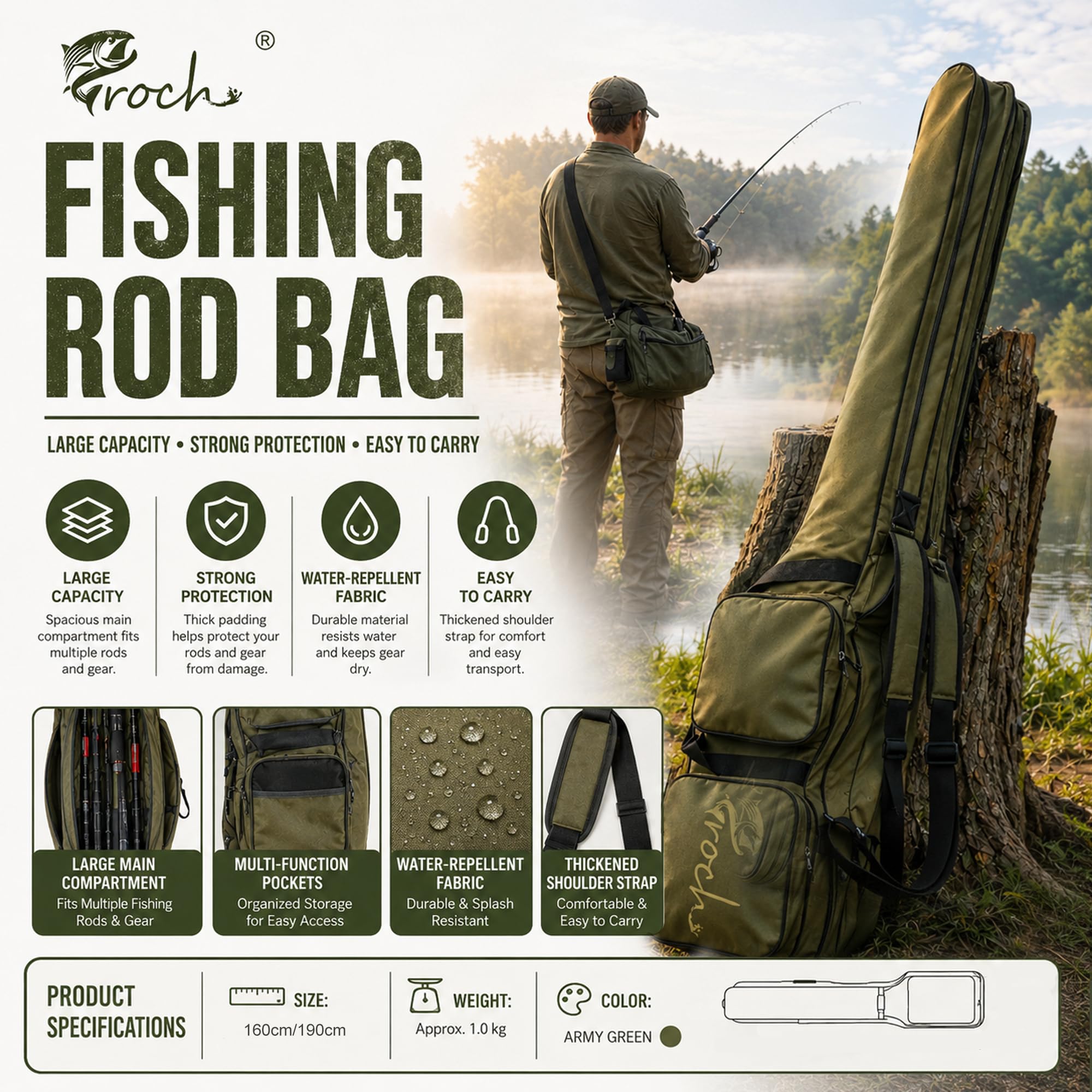 Croch Bolsa para caña de pescar con correa para el hombro, bolsa impermeable para cañas de pescar, bolsa Oxford, gran capacidad para cañas de pescar y carretes, bolsa de transporte de viaje