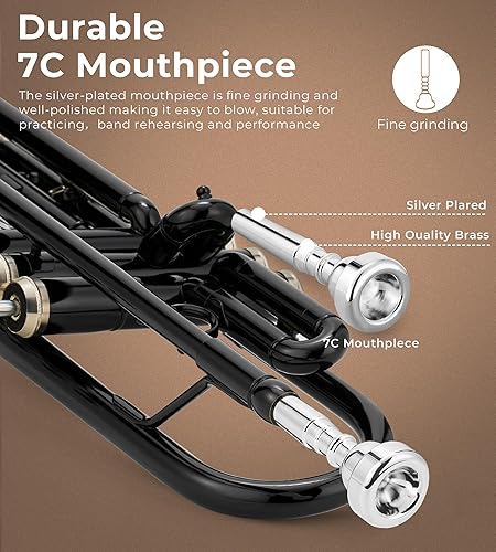 Miniatura 11 de Vangoa Trumpet Bb - Banda estándar para estudiantes escolares de latón para adultos y niños principiantes con soporte, estuche rígido, kit