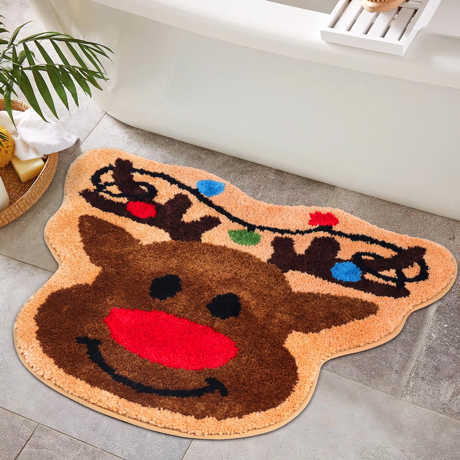 Percozzi Christmas Bath Mat Reindeer Tufted Rug Non-Slip Floor Mat for Bathroom Kitchen Rug Soft Absorbent Cute Bath