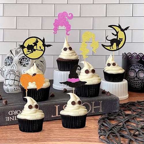 Miniatura 6 de Ercadio Paquete de 24 adornos para cupcakes de Halloween Hocus Pocus, con brillantina, para cabello de bruja, carrito de pelo de bruja, decoraciones