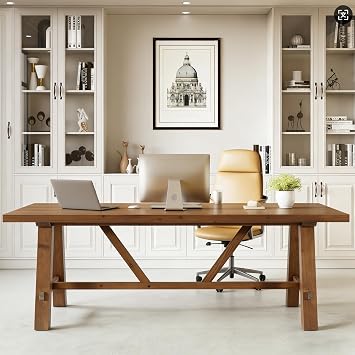 LITTLE TREE 70.87" Long Large Wood Desks, Solid Wood Office Desk, Farmhouse Executive Computer Desk, Home Office Workstaticon, Work Writing Table, Rustic Brown