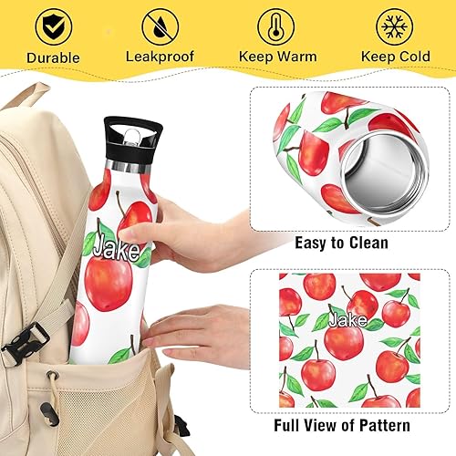 Miniatura 4 de Personalized Kids Water Bottle for School Custom 20 Oz Water Bottle Insulated for Boys Girls, BPA-Free, Watercolor Red Apples White