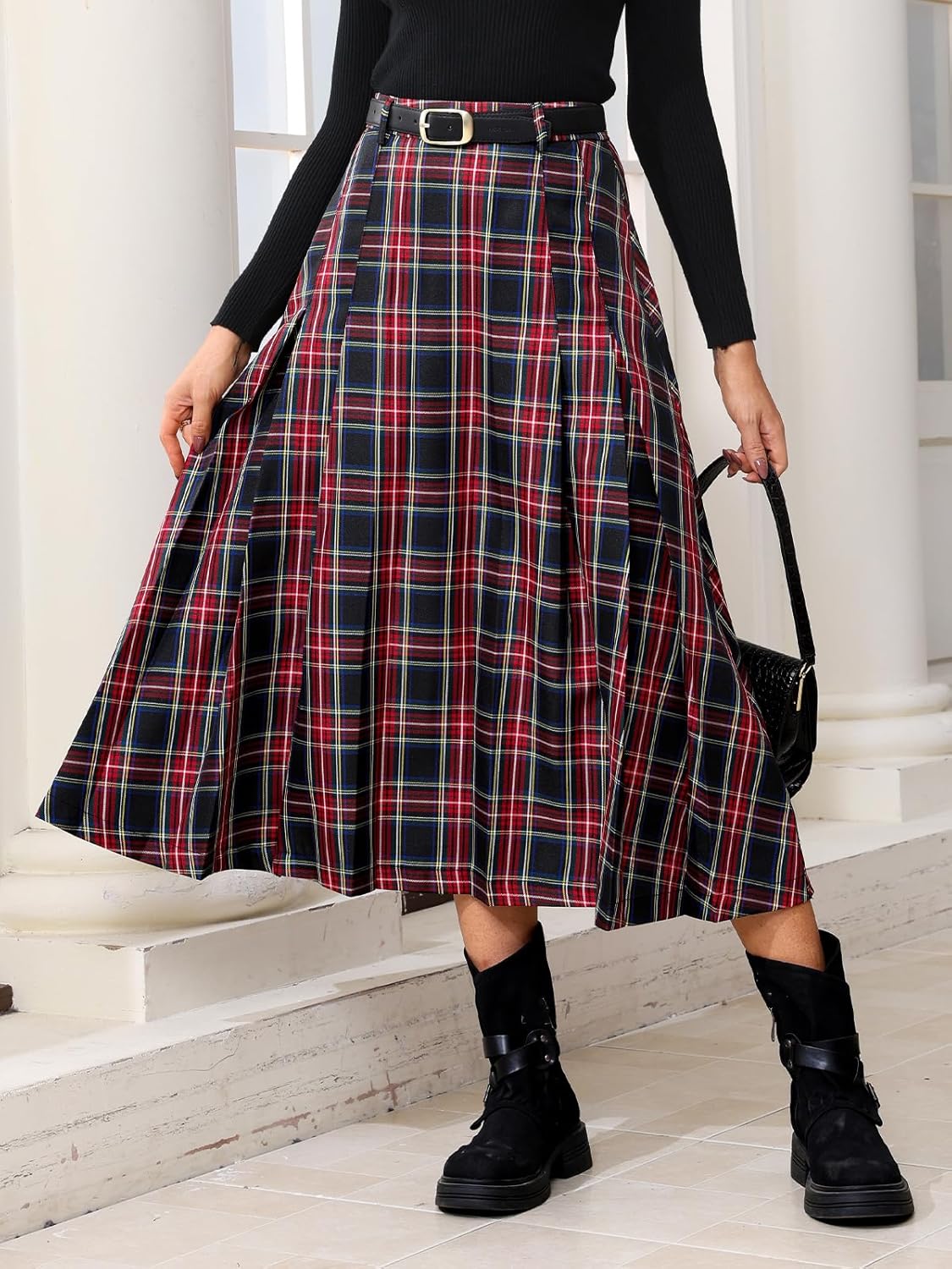 Ladyful Women's Valentines Plaid Midi Skirt High Waist A Line Flared Pleated Casual Vintage Long Tartan Skirts 2026 Trend - Image 5