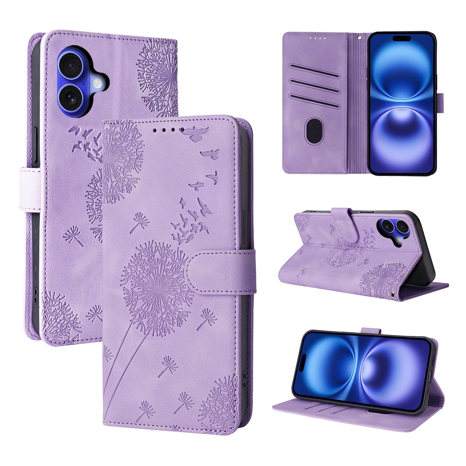 iPhone 16 Case Dandelion PU Leather Case Magnetic Wallet Book Case with Card Slots for iPhone 16 Purple