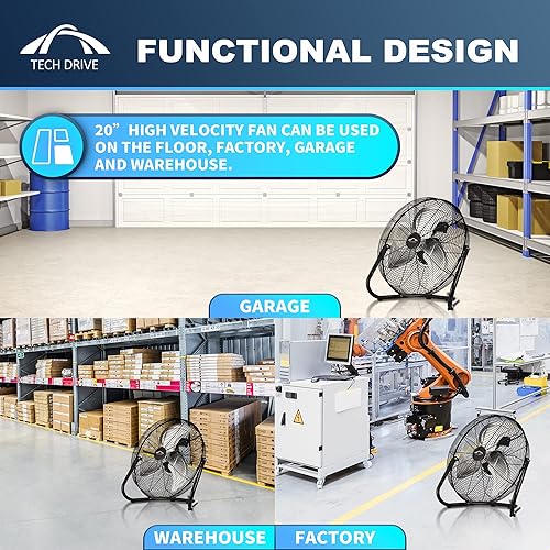 Miniatura 3 de Tech Drive Ventilador de piso de alta velocidad, ventiladores industriales de metal resistente de 20 pulgadas, 3 velocidades potentes, inclinación