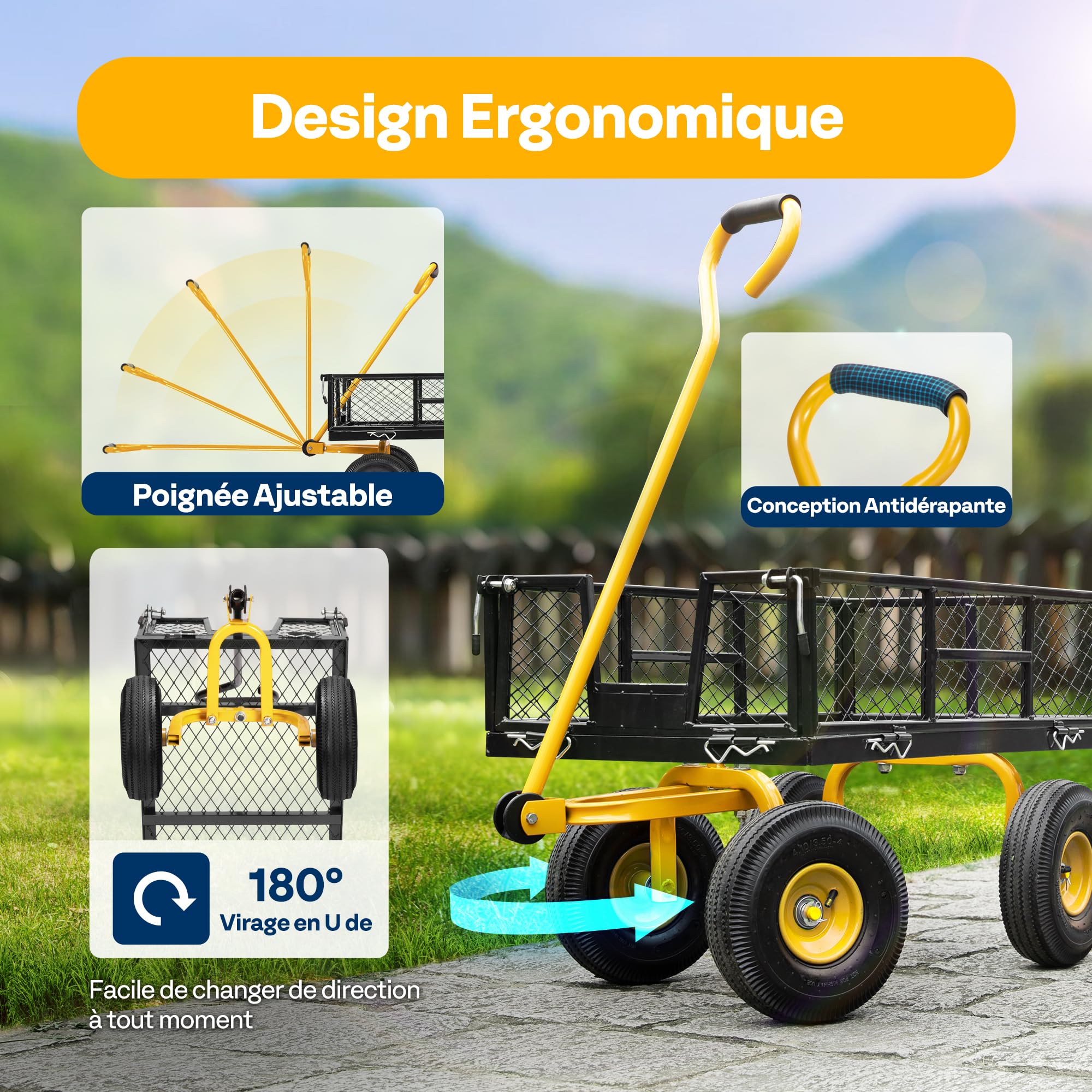 VIVOHOME Chariot de Jardin Transport Camping, Capacité de Charge 400kg, Chariot Utilitaire Robuste Extérieur avec Pneus Côtés Amovibles en Maille Réglables Poignée Rotative Noir