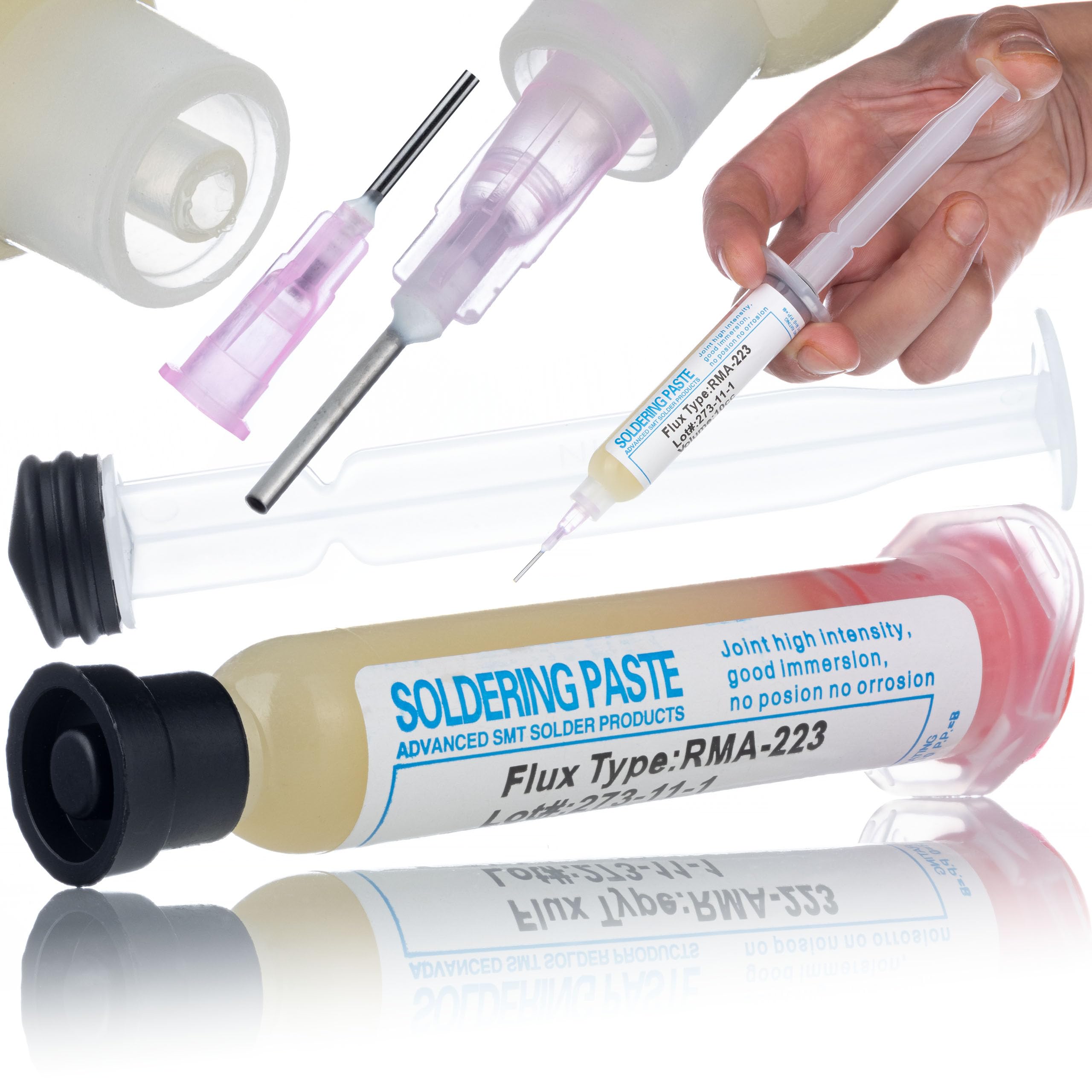 Set Flux RMA-223 con Stantuffo e Ago – Pasta Saldante No Clean 10cc | Ø Ago 1,025 mm | Elettronica di Precisione | Accessorio per Saldatura Professionale