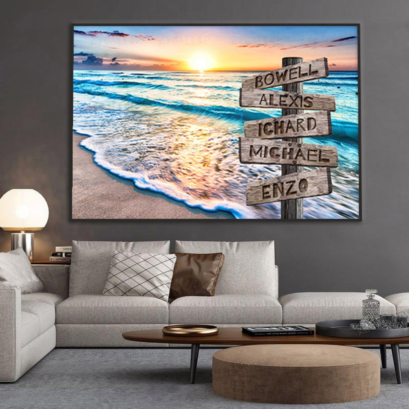 Yooyu Warm, Vibrant Sunset Hues Personalized Sunset Beach Poster Custom Prints Personal Names On Road Sign Canvas Painting Scenery Wall Art Pictures 40X65cm(16X26in) With Frame
