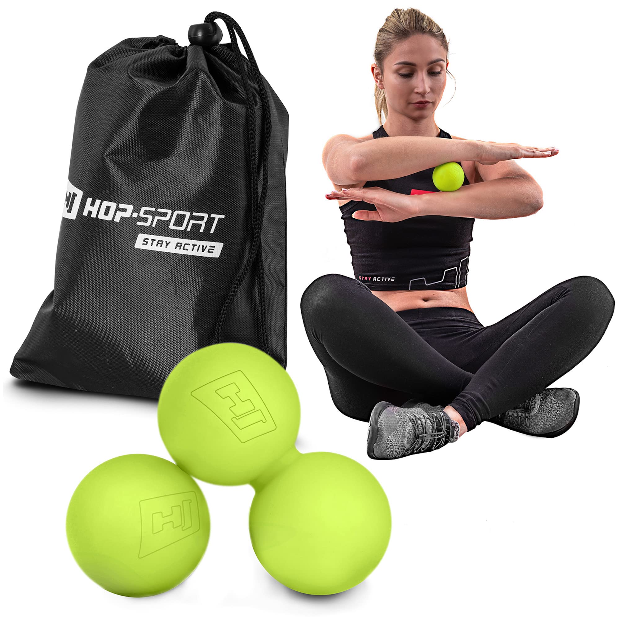 HOP-Sport® Set de 2 balles de Massages en Silicone se Compose d'une Balle de Fascia et d'une Balle Duoball avec Un Sac de Transport en Trois Couleurs