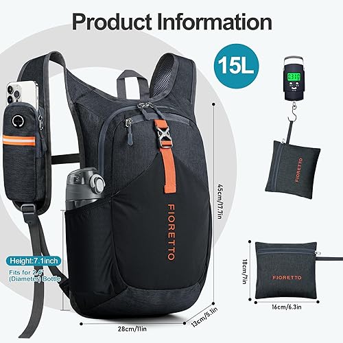 Miniatura 5 de FIORETTO Mochila de senderismo de 15 litros para mujeres y hombres, mini mochila plegable ligera para acampar viajes al aire libre, color negro