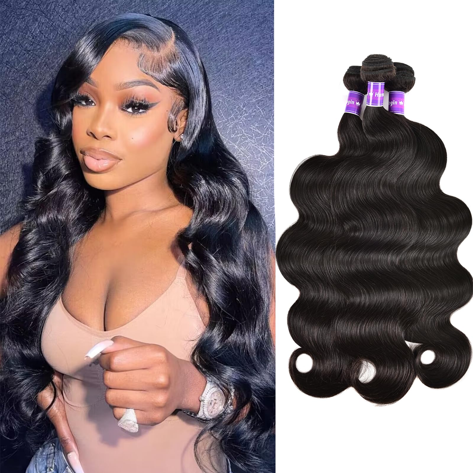 Body Wave Human Hair 3 Bundles (24 26 28) 100% Unprocessed Brazilian Virgin Human Hair Weave Body Weave Bundles Human Hair Extensions for Black Women Natural Color