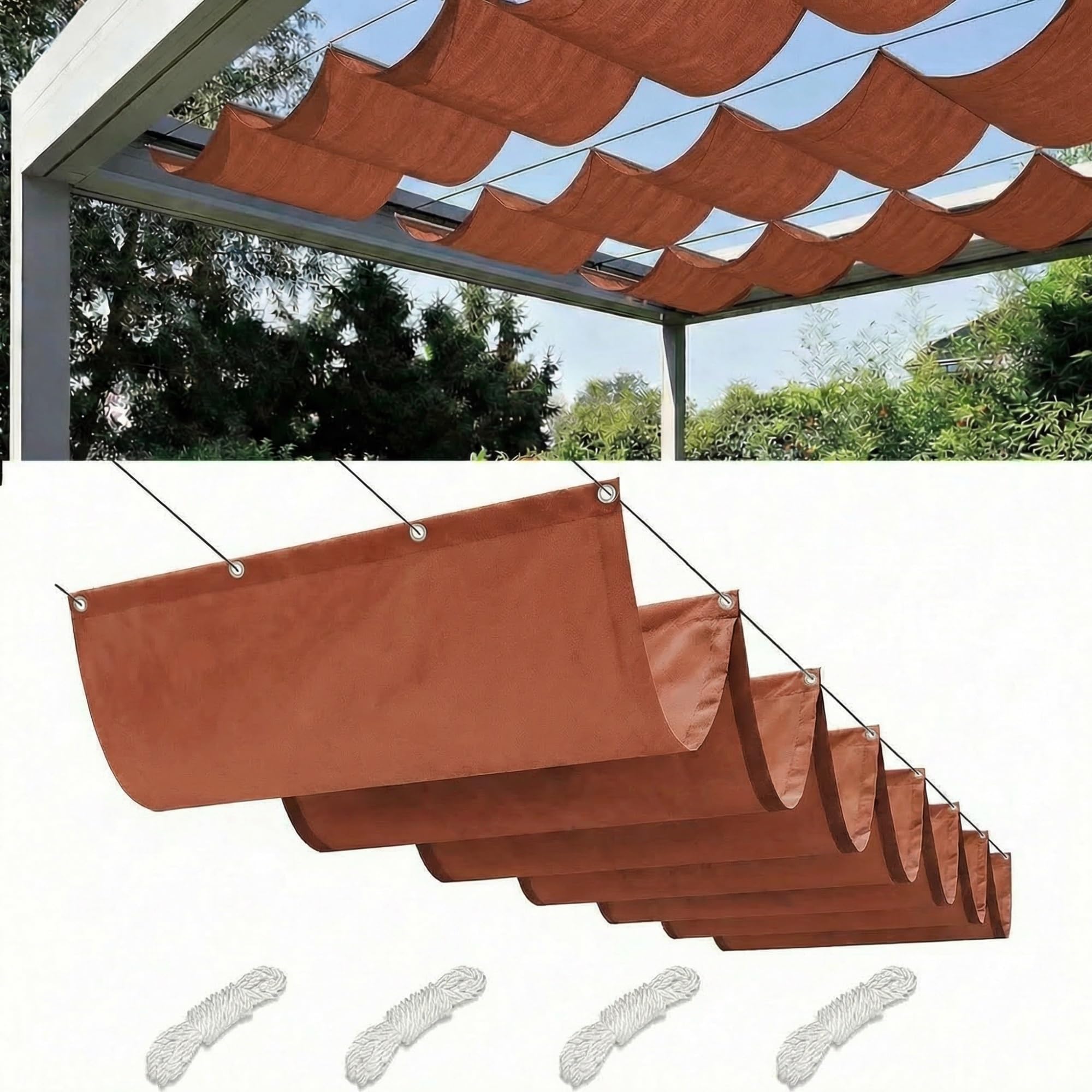 Retractable Wave Sun Shade Sail Waterproof Pergola Cover 95% UV Protection Outdoor Awning Canopy with Ropes for Patio Garden Deck Porch BBQ Shelter Privacy Screen Summer(Rust Red,4.5x3M(L x W)) — image 1