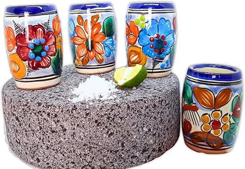 Miniatura 5 de Juego de 4 vasos de chupito de cerámica Talavera auténticos vasos de chupito de tequila mexicano - Pintados a mano - 2 oz (barril de flores)