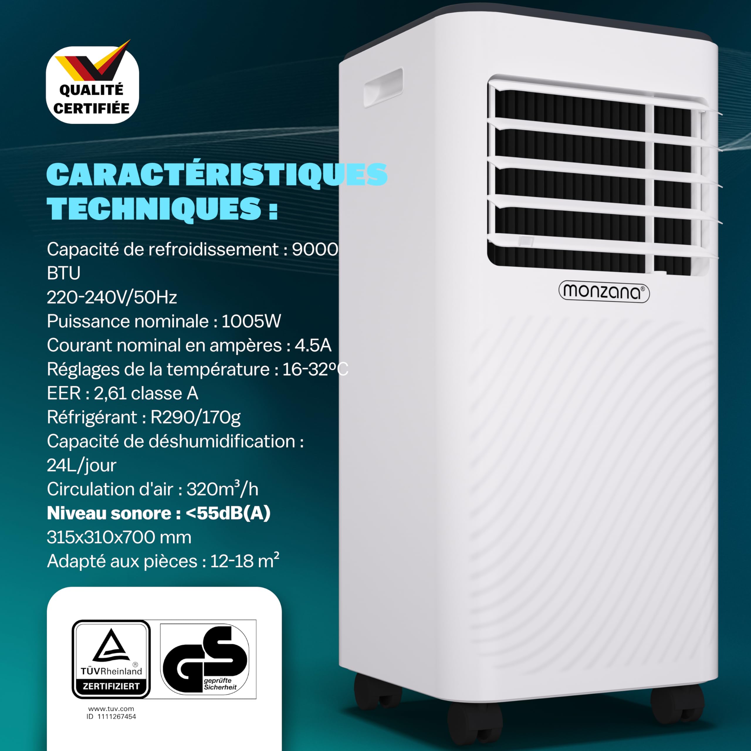 MONZANA® Climatiseur Mobile 9000 BTU (30 m²) - Clim Portable Puissante & Silencieuse 3-en-1 : Refroidissement Rapide, Déshumidificateur, Ventilateur - WiFi, Minuterie 24h, Télécommande, Kit Fenêtre