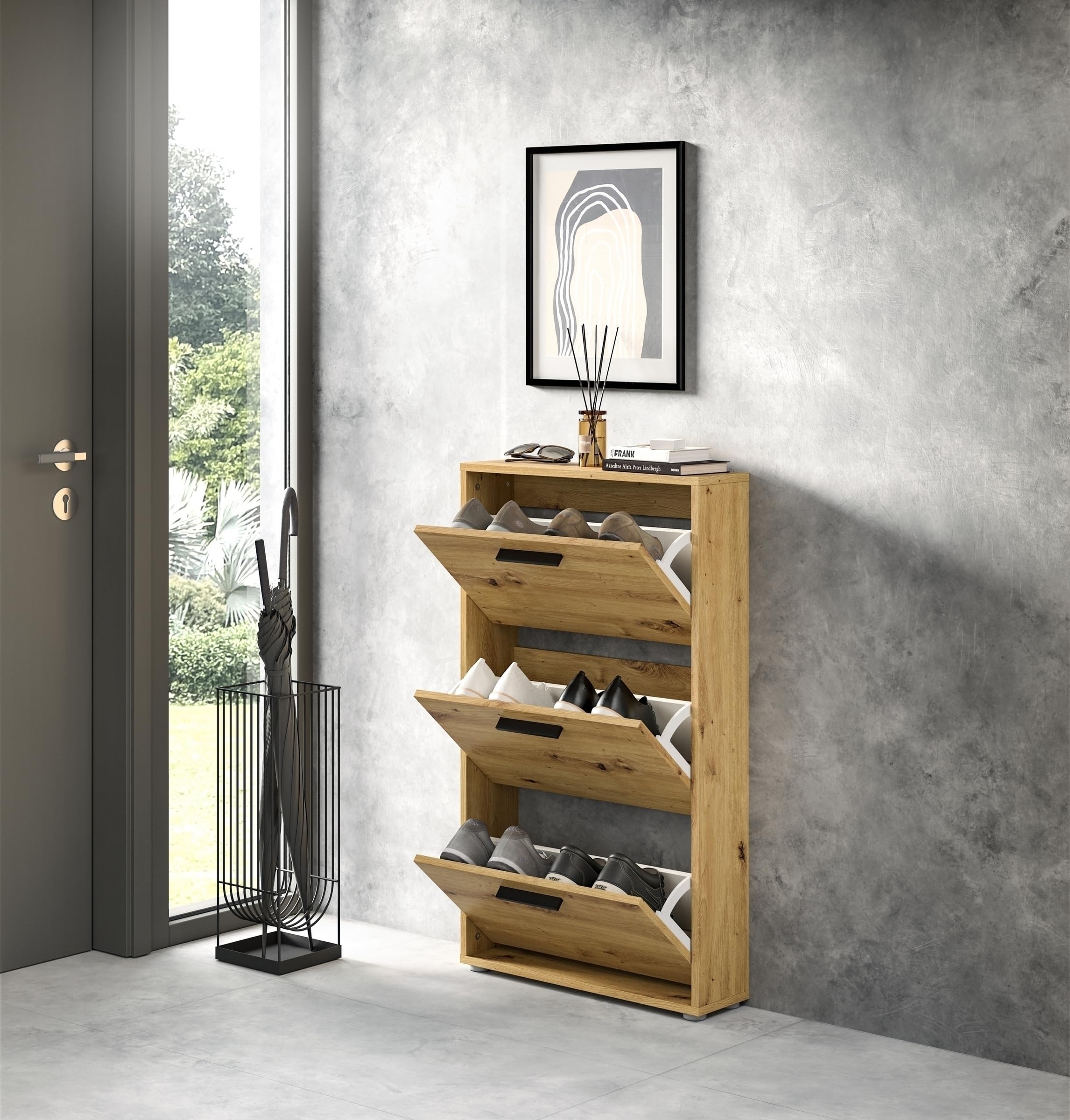 möbelando Schuhkipper 3 Klappen Eiche Artisan Dekor 59x103x17 cm melaminbeschichtet schwarzen Griffleisten