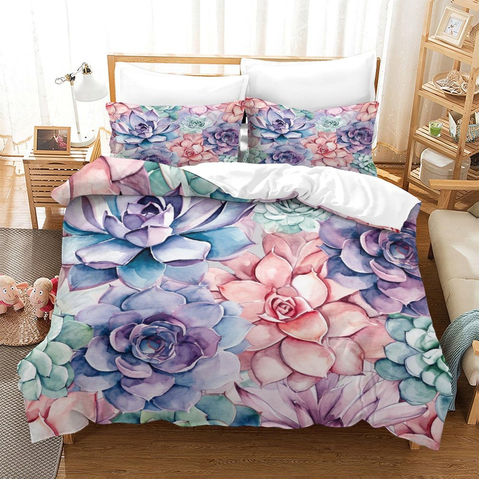 P1S9U7W5Y 3D Printed Succulent Floral Duvet Cover Set 3pcs Microfiber Botanical Bedding Set Home Decor Double（200x200cm）