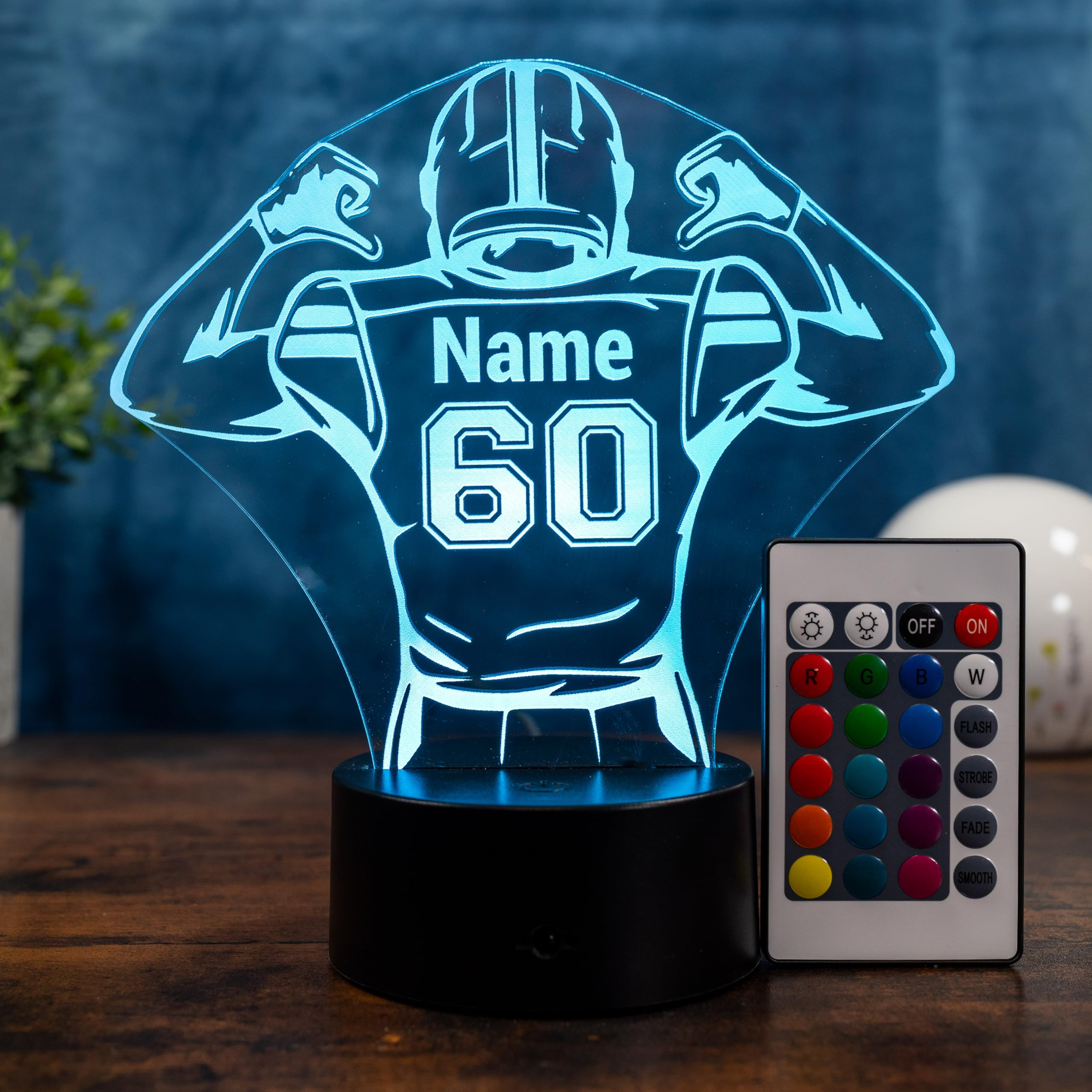 Football Lampe personalisiert – American Football Spieler Geschenk mit Name & Nummer, LED Nachtlicht Football, Sport Geschenk Spieler, Kinderzimmer Deko Licht