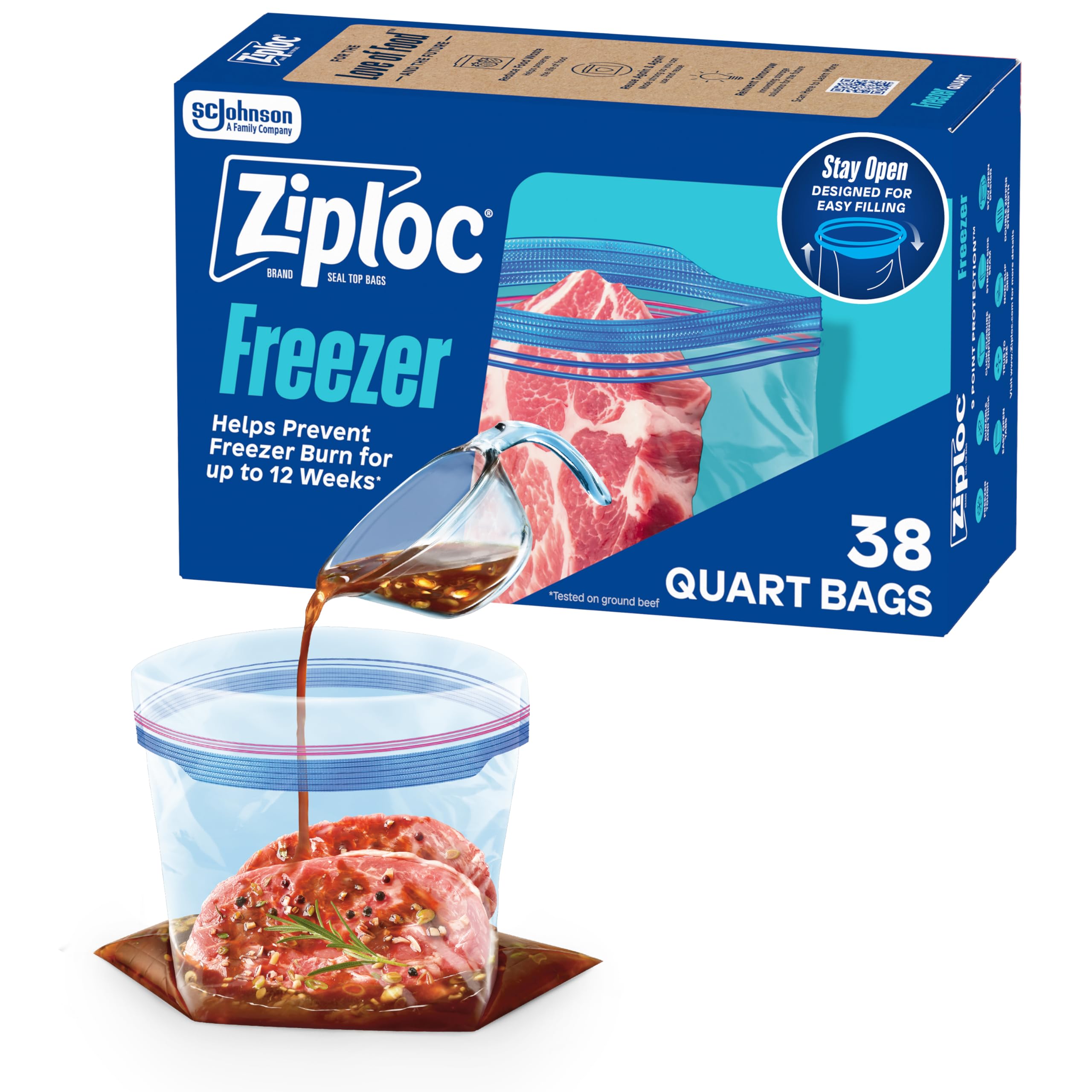 Ziploc Seal Top Food Freezer Quart 38 Bags, Unbeatable Freezer Protection, Microwave Safe, Grip'n Seal Technology