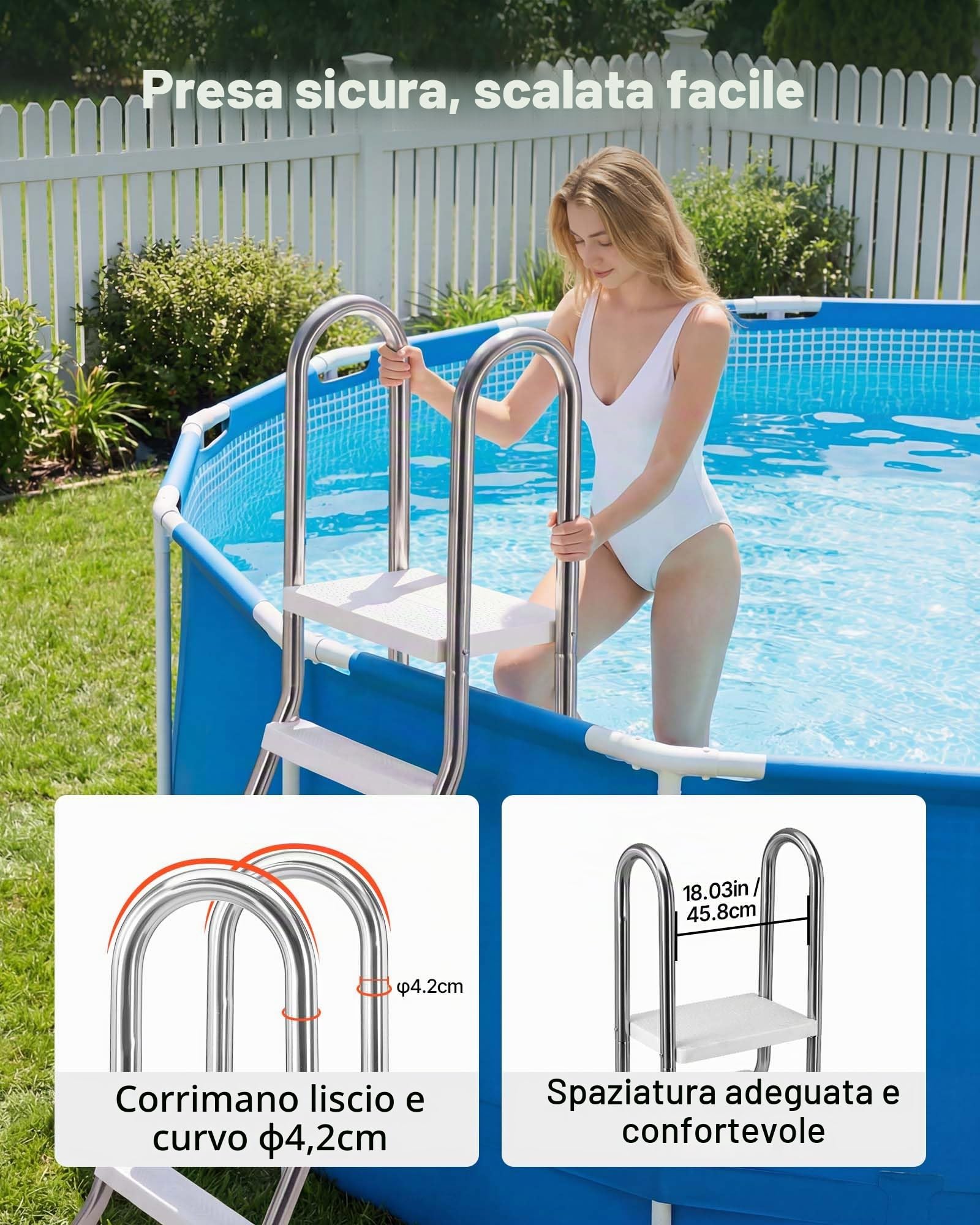 VEVOR Scaletta per Piscine Fuori Terra con Piattaforma, Scala di Sicurezza a 4 Gradini con Struttura ad A Stabile, Altezza 125 cm, Telaio in Acciaio Durevole, Gradini Larghi Antiscivolo, Portata 150kg