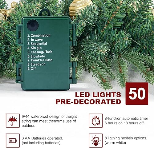 Miniatura 2 de Guirnalda de Navidad artificial preiluminada de 9 pies con 50 luces LED, verde, decorada con piñas, bola dorada en polvo con purpurina, colección de