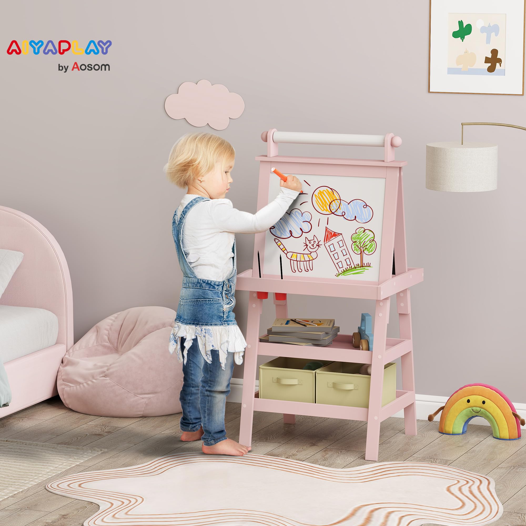 AIYAPLAY Lavagna per Bambini Cancellabile a Doppia Facciate con Rotolo di Carta e 2 Contenitori, Lavagna Magnetica Bianco, Nero con Cavalletto Artistico in Legno per Pittura e Regalo, 3-6 Anni, Rosa